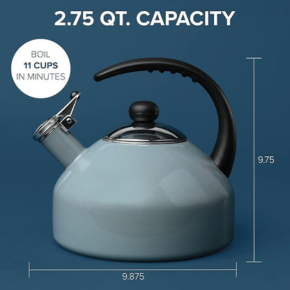 Farberware Omega Tea Kettle, Whistling Tea Pot, Works For All Stovetops, Porcelain Enamel on Carbon Steel, BPA-Free, Rust-Proof, Stay Cool Handle, 2.75 quart (11 cups) Capacity(Gray)