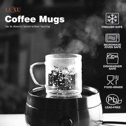 LUXU Glass Coffee Mugs Set of 4,14 oz Clear Coffee Cups,Hand Blown&Seamless Design,Heat Resistant and Explosion-Proof,Lightweight Tea Mugs with Anti Scald Handle Ideal for Home,Cafe
