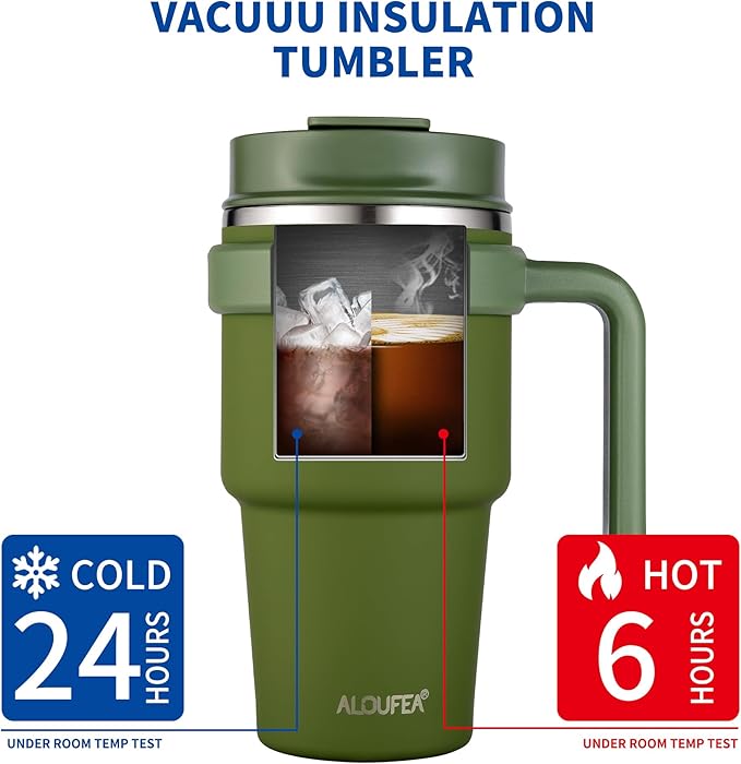ALOUFEA 20 oz Insulated Coffee Mug Tumbler with Handle, Stainless Steel Travel Mug Tumbler with Lid and Straw,Double Wall Vacuum Leak Proof Ice Coffee Thermal Cup, Army Green