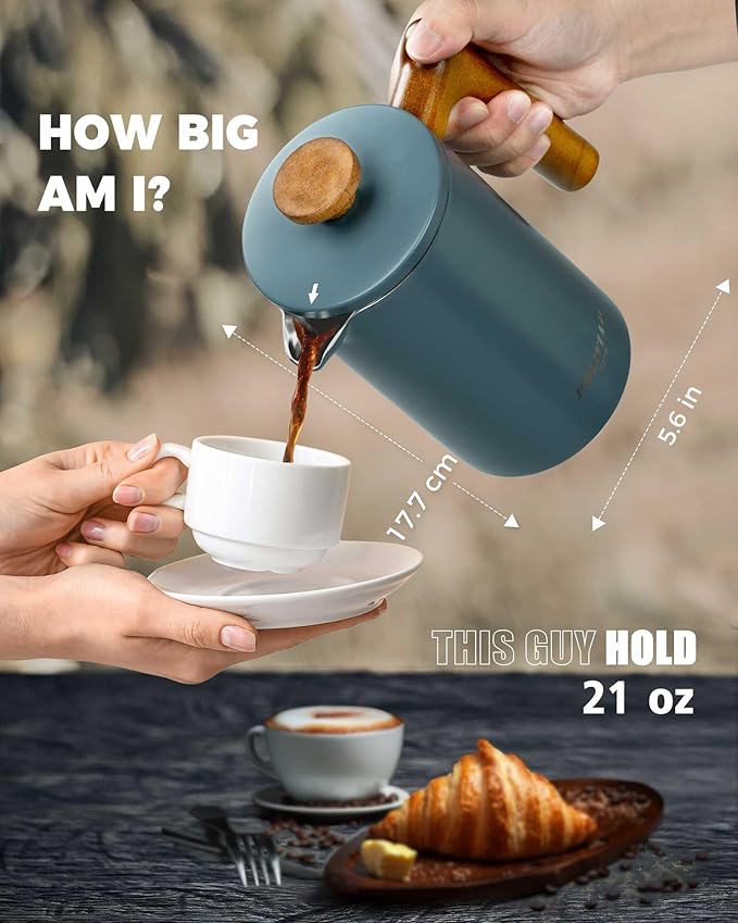POLIVIAR French Press Coffee Maker, 21 oz Coffee Press with Real Wood Handle, Double Wall Insulation & Dual-Filter Screen, Food Grade Stainless Steel for Good Coffe and Tea, JX2024-SFPU
