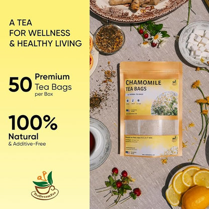 Chamomile Tea Bags - 50 Bags (Premium Natural Pure Leaf Tea - 50 Count) Gluten-Free and Caffeine-Free Herbal tea for Relaxation, Wallness, Immune Support with Smooth Taste