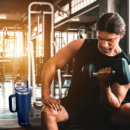 40 oz Tumbler with Handle and Straw Lid,Insulated Reusable Stainless Steel Water Bottle Travel Mug，Cupholder Friendly Double Wall Vacuum Sealed Cup (Navy)