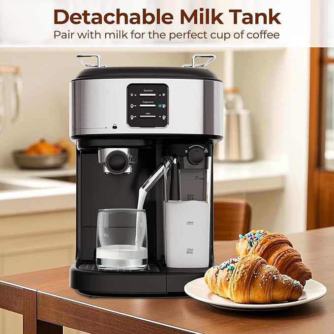 20 Bar Compact Espresso Machine with Milk Frother, 3-in-1 Stainless Steel Coffee Machine with 57oz Removable Water Tank for Home, Office