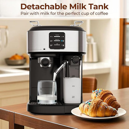 20 Bar Compact Espresso Machine with Milk Frother, 3-in-1 Stainless Steel Coffee Machine with 57oz Removable Water Tank for Home, Office