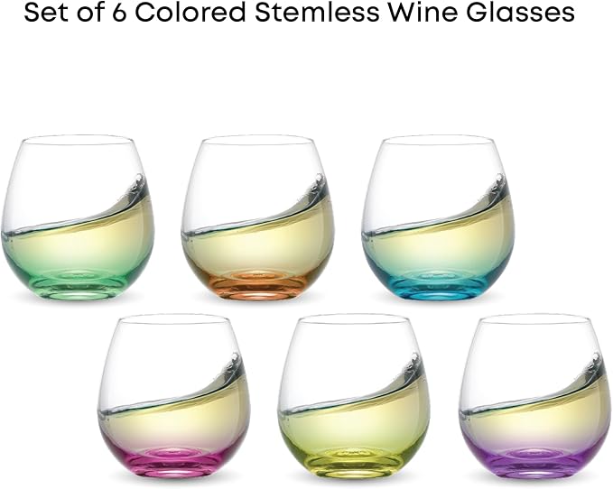 JoyJolt Hue Stemless Wine Glass Set, Large 15 oz Stemless Wine Glasses Set of 6 for White Red or Water, Short Glass Tumblers, No Stem Margarita Glasses, Colored Tumbler