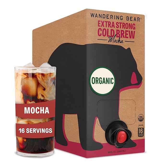 Wandering Bear Organic Mocha Cold Brew Coffee On Tap, 96 fl oz - Extra Strong, Bold, Smooth, Unsweetened, Shelf-Stable, Ready to Drink, Gluten Free, & Vegan, Iced Cold Brewed Coffee Drinks
