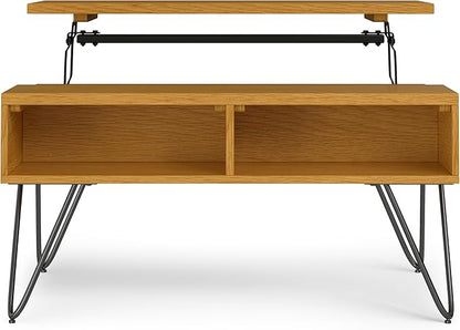 SIMPLIHOME Hunter Small Lift Top Coffee Table - 36 inch Wide Solid Oak Veneer and Metal Industrial Cocktail Table in Oak, Living Room Table with Hidden Storage, 2 Cubbies, and Hairpin Legs