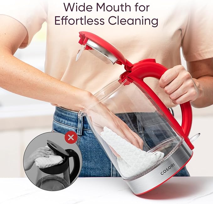 Cosori Electric Kettle, No Plastic Filter & Spout, Tea Kettle & Hot Water Boiler For Coffee & Tea, Water Heater & Teapot, Automatic Shut Off, Borosilicate glass, Red, 1.7L/1500W