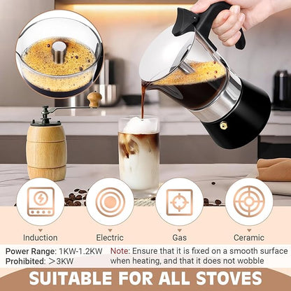 Induction Moka Pot, 6 Cups (10.6 oz) Crystal Glass-Top & Stainless Steel Moka Pot, Classic Stovetop Espresso Maker, Black