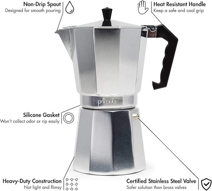 Primula Classic Stovetop Espresso and Coffee Maker, Moka Pot for Italian and Cuban Café Brewing, Greca Coffee Maker, Cafeteras, 12 Espresso Cups, Silver