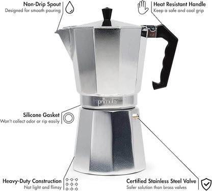 Primula Classic Stovetop Espresso and Coffee Maker, Moka Pot for Italian and Cuban Café Brewing, Greca Coffee Maker, Cafeteras, 12 Espresso Cups, Silver