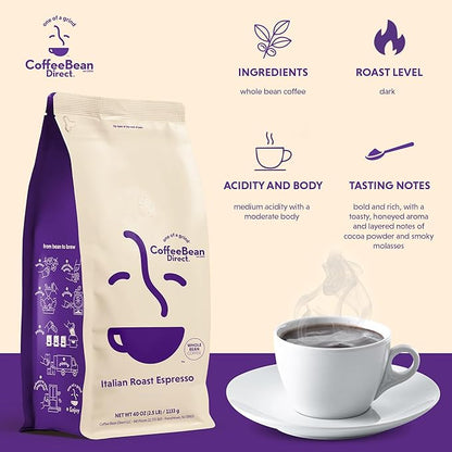 Coffee Bean Direct Italian Roast Espresso, Whole Bean Coffee, Dark Roast, 2.5 Pound Bag (Pack of 1)