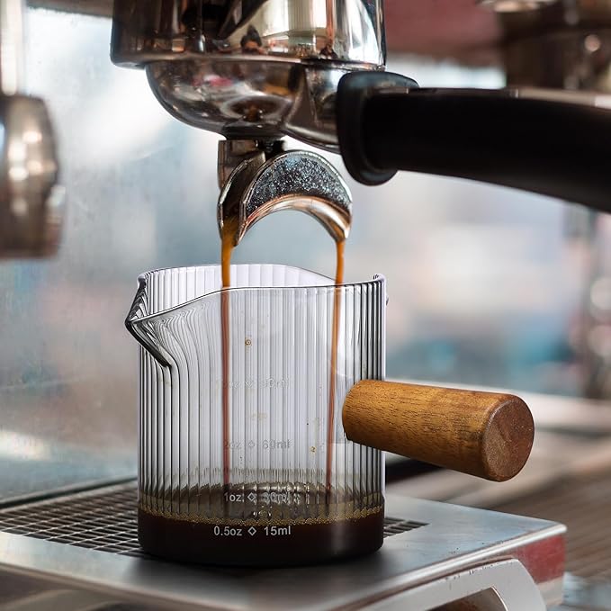 Espresso Cups 3 OZ, Double V-Shaped Spouts Cups, Espresso Shot Glasses with Wood Handle, Ribbed Milk Measuring Cup