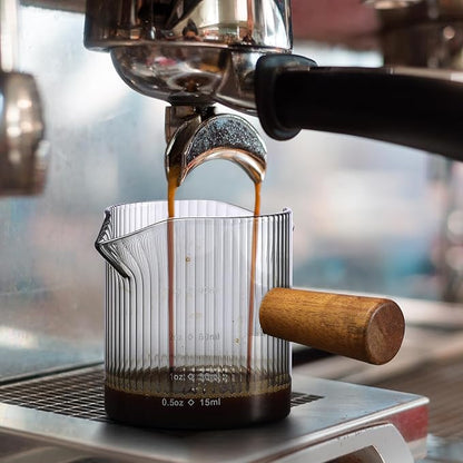 Espresso Cups 3 OZ, Double V-Shaped Spouts Cups, Espresso Shot Glasses with Wood Handle, Ribbed Milk Measuring Cup