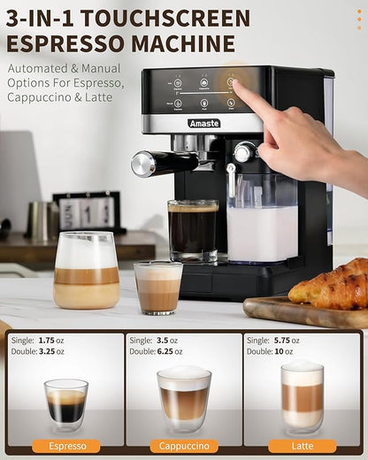 Amaste Espresso Machine, 20 Bar Cappuccino Machine With Touch Screen, Espresso Machine with Milk Frother for Home, 3-in-1 Latte Machine With Milk Tank for Espresso, Cappuccinos & Lattes, 1350W