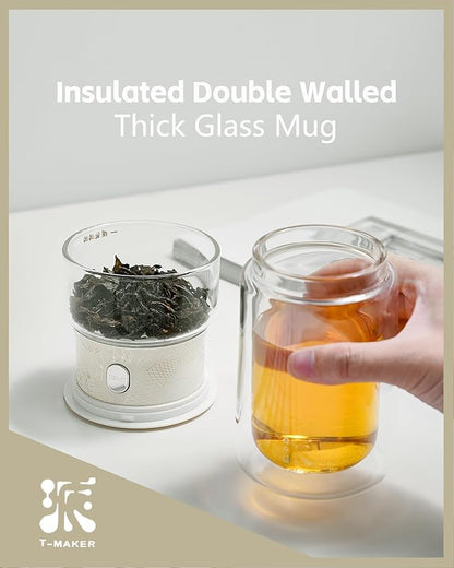 ZENS Cool Glass Teapot with Infuser, Smart One Touch Tea Maker for Loose Tea Diffusers with Insulated Mug and Portable Tea Kits, Enchanted Teapot Alternatives for Tea Lover Gifts