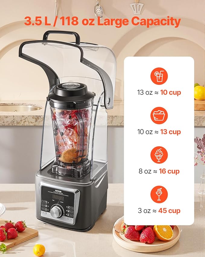VEVOR Professional Blender for Smoothies, 118 oz 1400W, with Powerful Motor, Multi-Functional Food Processing Blender with Noise Cover for Smoothie/Milkshake/Juice, Fits for Kitchen