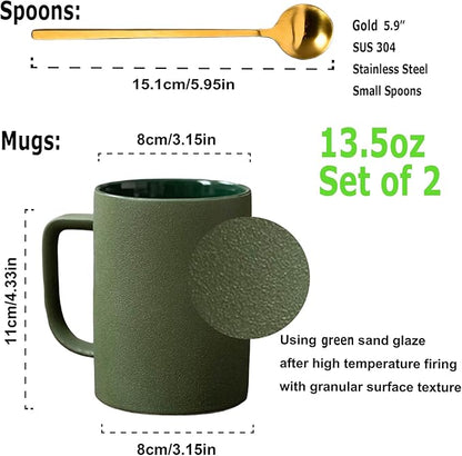 Coffee Mugs Matte Frosted Porcelain Tea Cup Home Office Restaurant Drinking Cups with Long Small Cute Coffee Spoons, Set of 2, 2 Mugs 2 Spoons, Safe for Microwave & Dishwasher, Gift Ideas, Green/Gold