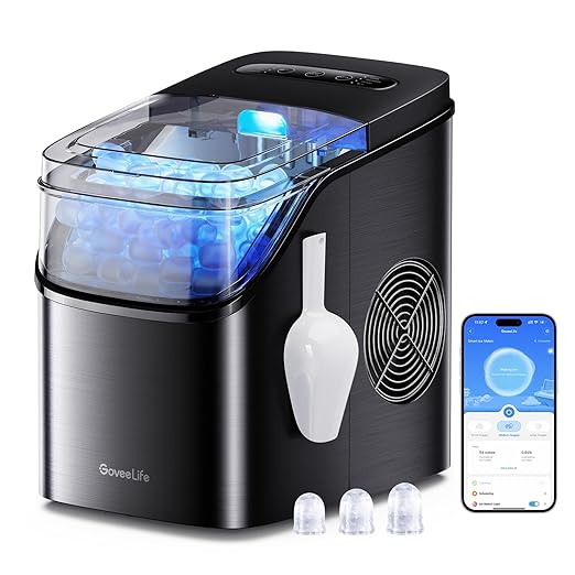 GoveeLife Smart Ice Maker Countertop, Portable Ice Machine with Voice Control, 9 Ice Cubes in 6 Minutes 3 Sizes, 26lbs/24Hrs, Self Cleaning RGB Lights, Quiet Ice Maker with Scoop for Kitchen Black
