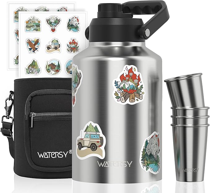 1 Gallon Water Bottle Insulated Comes with Four Stainless Steel Cups and DIY Stickers,BPA Free&Leak Proof,128oz Stainless Steel Water Jug,Big thermo with Handle for Gym,Hiking,Camping&Travel