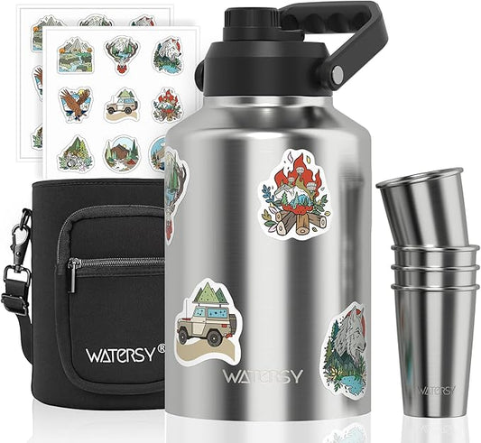 1 Gallon Water Bottle Insulated Comes with Four Stainless Steel Cups and DIY Stickers,BPA Free&Leak Proof,128oz Stainless Steel Water Jug,Big thermo with Handle for Gym,Hiking,Camping&Travel