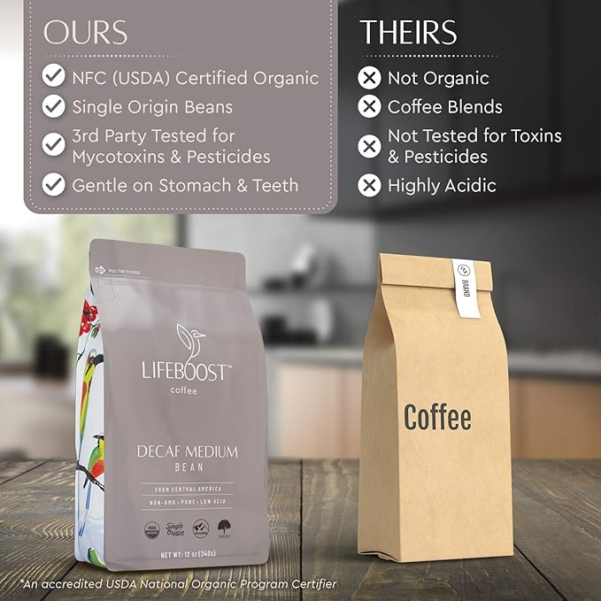Lifeboost Medium Roast Decaf Coffee Beans – Organic Low Acid Swiss Water Decaf – Whole Bean Coffee – Third Party Tested for Mycotoxins & Pesticides – Chemical Free – 12 oz