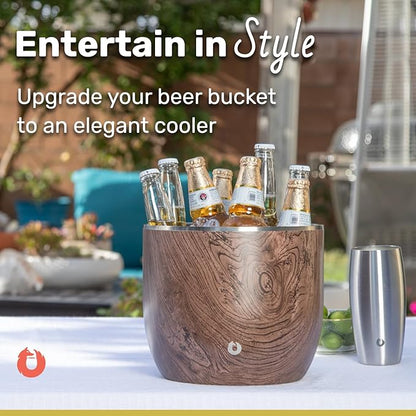 SNOWFOX XL Premium Vacuum Insulated Double Wall Stainless Steel Ice Bucket with Lid/Scoop, Bar Accessories, Large Elegant Party Bucket, Chill Several Bottles, Beautiful Entertaining, 7L, Dark Walnut