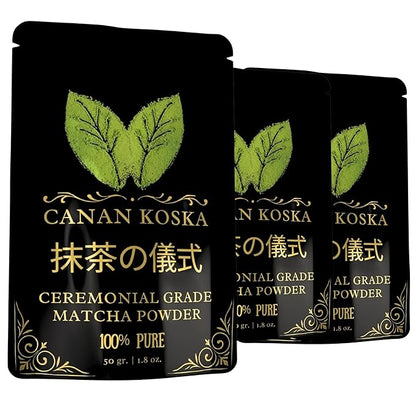Canan Koska Ceremonial Grade Matcha Powder – Stone-Ground Green Tea from First Harvest Leaves, Perfect for Whisking, Lattes & Smoothies – No Additives – Resealable Pouch - 1.76oz (50g) - Pack Of 3