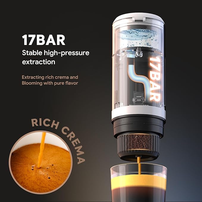 Portable Espresso Machine Mini 12V Rechargeable 3-in-1 Multi-Function Electric Coffee Machine One Key Extraction Compatible with NS & DG Capsules and Ground Coffee for Office Home (Black)