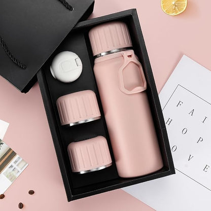 750ml/27 OZ Coffee Thermo with 3 cups, Insulated Water Bottle, Stainless Steel Vacuum Flask Set for Hot and Cold Drinks, Gifts Box