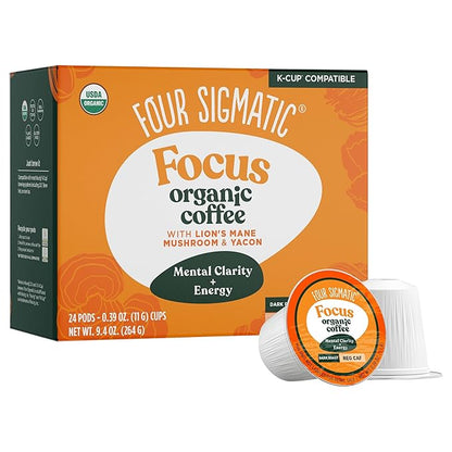 Four Sigmatic Mushroom Coffee K-Cups | Organic Dark Roast Coffee with Lion’s Mane Mushroom Powder & Yacon | Focus & Immune Support | Vegan & Keto | Sustainable Pods | 24 Count