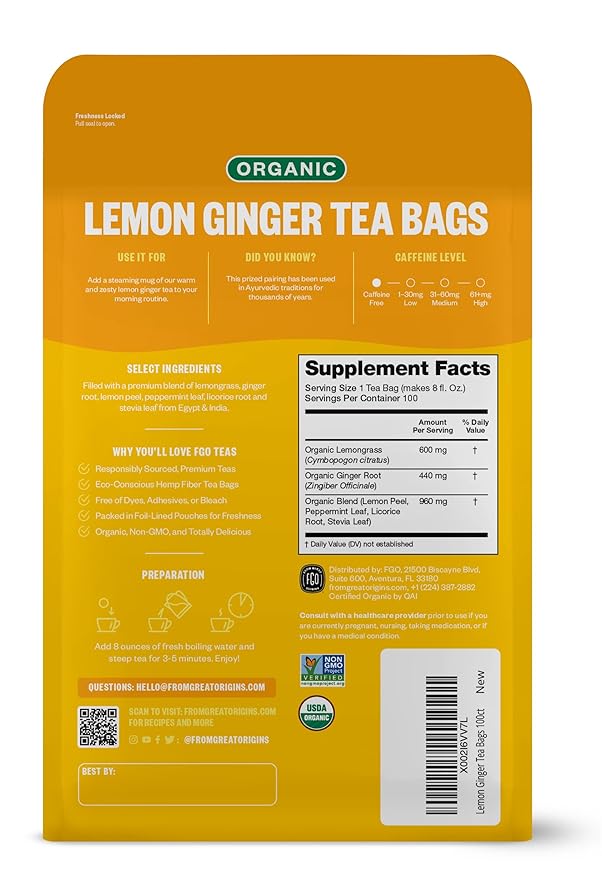 FGO Organic Lemon Ginger Tea, 100 Count, Eco-Conscious Tea Bags, Resealable Bag, Caffeine Free, Packaging May Vary (Pack of 1)