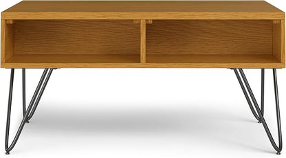 SIMPLIHOME Hunter Small Lift Top Coffee Table - 36 inch Wide Solid Oak Veneer and Metal Industrial Cocktail Table in Oak, Living Room Table with Hidden Storage, 2 Cubbies, and Hairpin Legs