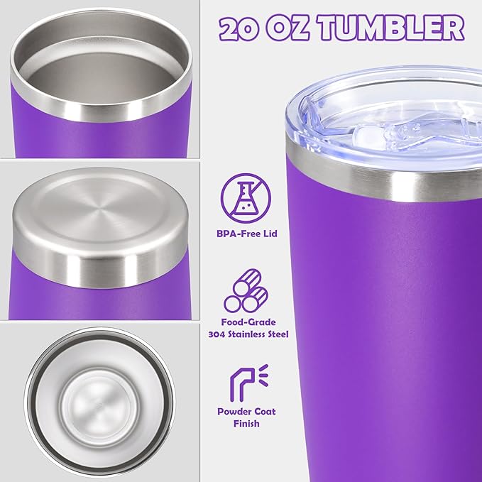 20oz Tumbler Bulk Stainless Steel Tumbler Cup with Lid Vacuum Insulated Double Wall Travel Mug, Durable Powder Coated Travel Coffee Tumbler Mug for Hot & Cold Drinks, Purple,12 Pack