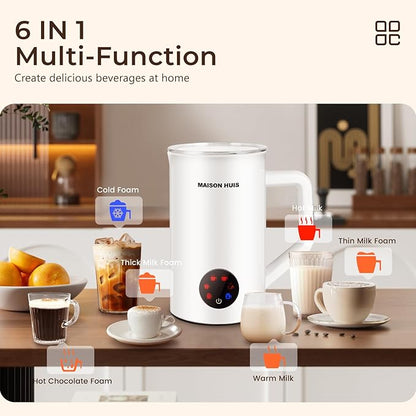 MAISON HUIS Milk Frother, 6-IN-1 Electric Milk Steamer, 20oz/591ml Hot & Cold Foam Maker for Latte & Cappuccino, 550W Fast Heating Stainless Steel Milk Steamer, Hot Chocolate Maker