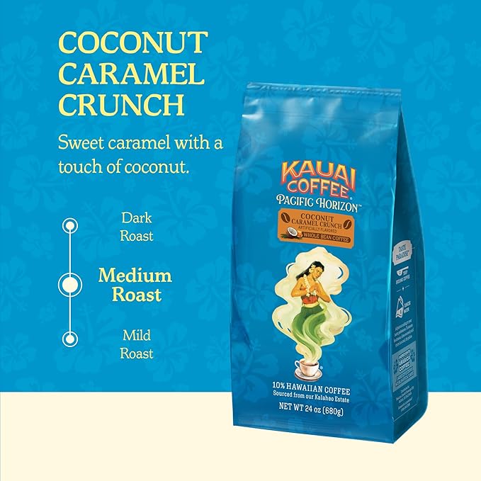 Kauai Coffee Whole Bean Coffee – Smooth, Non-Bitter Medium Roast Pure Arabica – Nutty Caramel and Tropical Coconut – Grown on Hawaii's Largest Coffee Farm – Coconut Caramel Crunch, 1 Pack of 24oz