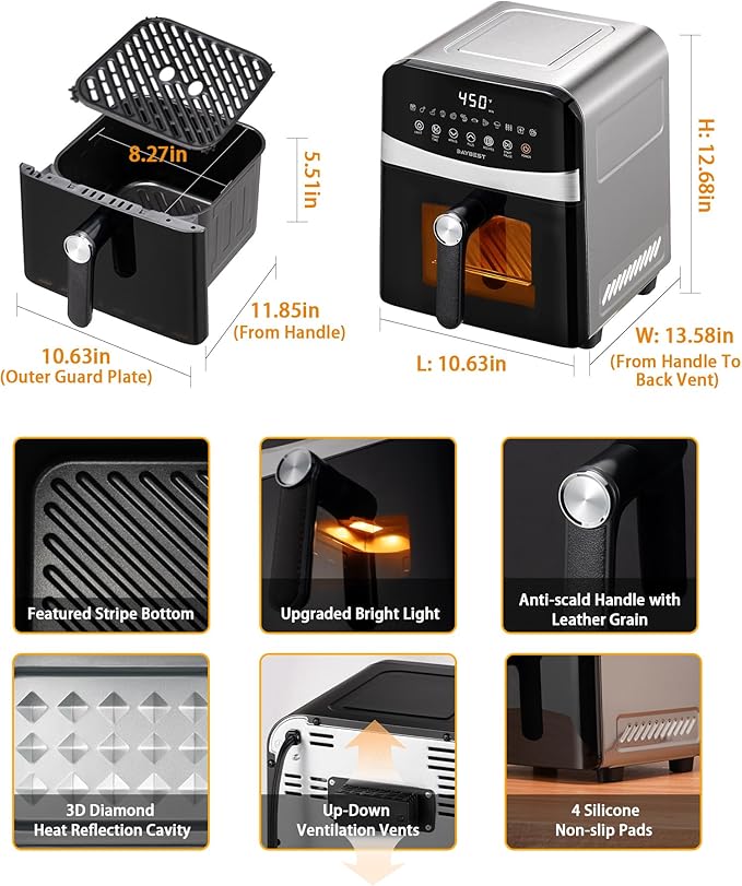Next-Gen Non Toxic Air Fryer Stainless Steel 12-in-1 Classic Basket Premium Ceramic Coating, Metal Inner 450°F Dual Heats Even Cook, 6 QT Midsize 120V, DAYBEST Easy Clean Parts (Stainless Steel)