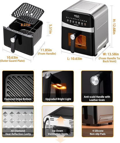 Next-Gen Non Toxic Air Fryer Stainless Steel 12-in-1 Classic Basket Premium Ceramic Coating, Metal Inner 450°F Dual Heats Even Cook, 6 QT Midsize 120V, DAYBEST Easy Clean Parts (Stainless Steel)