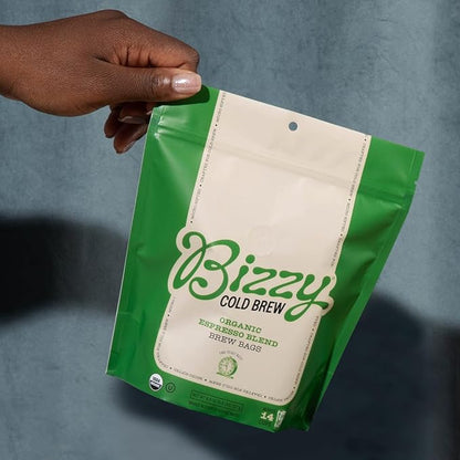 Bizzy Organic Cold Brew Coffee | Espresso Blend | Coarse Ground Coffee | Medium-Dark Roast | Micro Sifted | Specialty Grade | 100% Arabica | Brew Bags | 4 Count | Makes 14 Cups