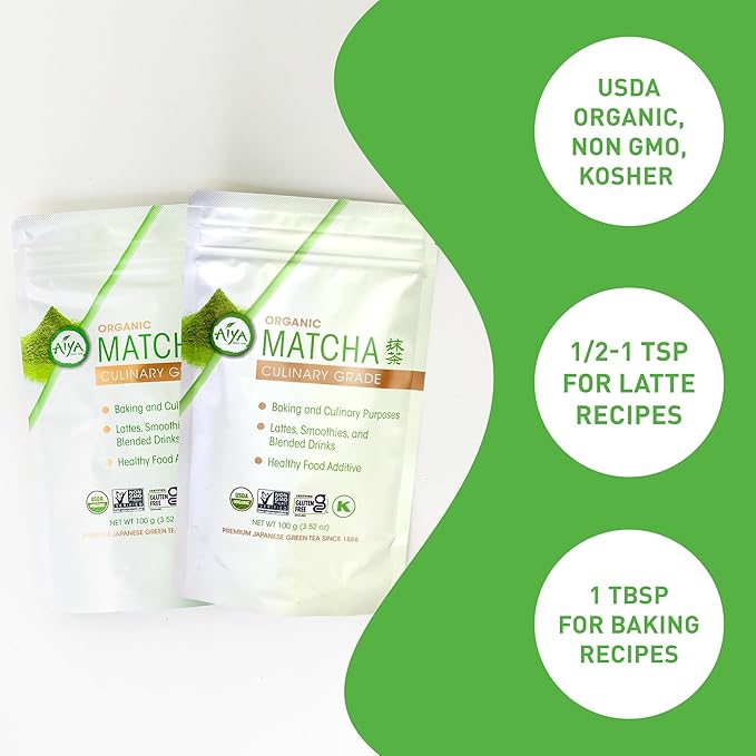 Aiya Certified USDA Organic Culinary Grade Matcha Green Tea Powder - Ideal for Baking, Lattes, Smoothies - Gluten-Free & Non-GMO - 100g Bag (3.53 oz)