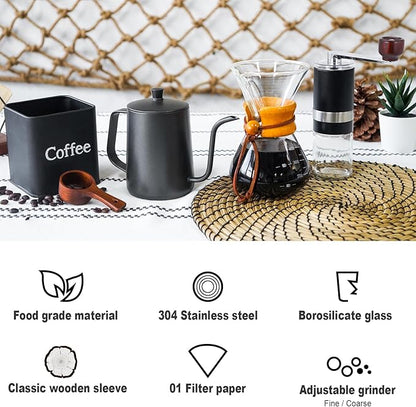 SOTECH Pour Over Coffee Maker Set Portable Pour Over Set-Manual Coffee Grinder Heatproof Glass Coffee Dripper for Traveling Camping