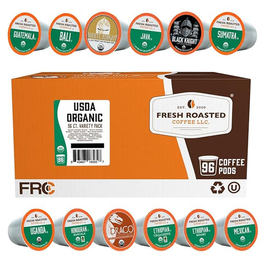 Fresh Roasted Coffee, USDA Organic Variety Pack | 96 Pods for K Cup Brewers
