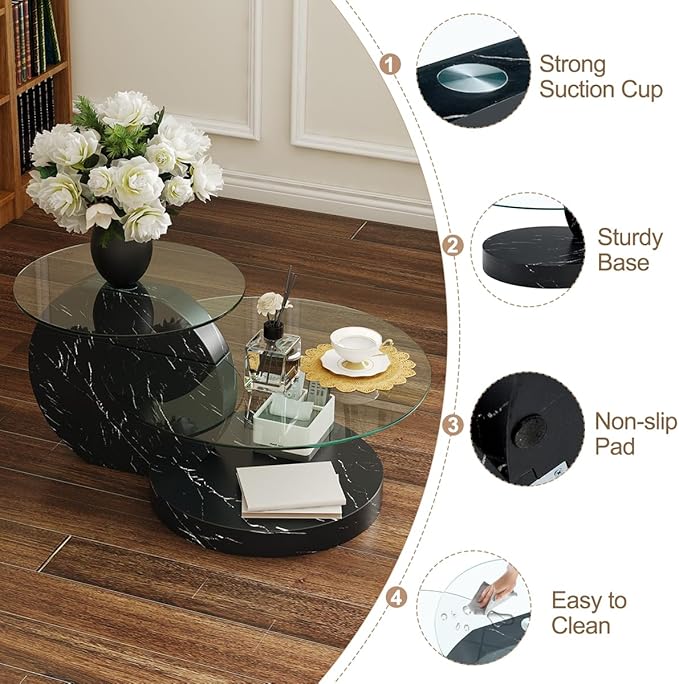 35 Inch Glass Coffee Table，Round Coffee Table with 2-Tier Tempered Glass Tabletop，Easy to Clean Circle Coffee Table with Sturdy Base for Living Room，Office (Black Marble Colored Base