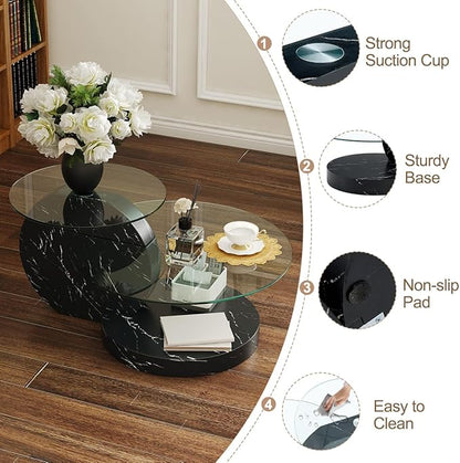 35 Inch Glass Coffee Table，Round Coffee Table with 2-Tier Tempered Glass Tabletop，Easy to Clean Circle Coffee Table with Sturdy Base for Living Room，Office (Black Marble Colored Base