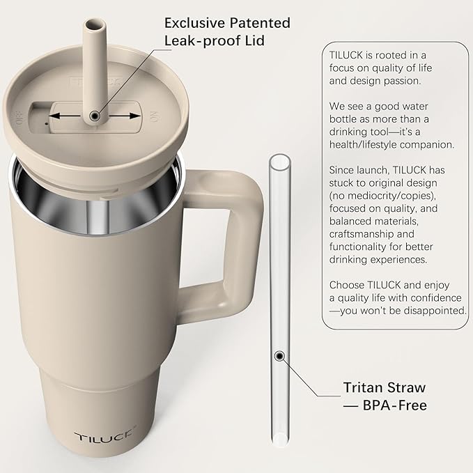 TILUCK 40 oz Tumbler with Handle, Vacuum Insulated Stainless Steel Travel Mug with 100% Leak-Proof Silicone Straw Lid, Cupholder Friendly Water Bottle(MistyGray, 40oz)