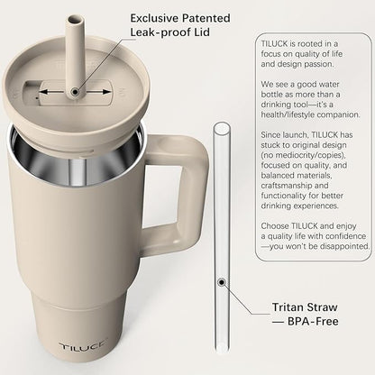 TILUCK 40 oz Tumbler with Handle, Vacuum Insulated Stainless Steel Travel Mug with 100% Leak-Proof Silicone Straw Lid, Cupholder Friendly Water Bottle(MistyGray, 40oz)