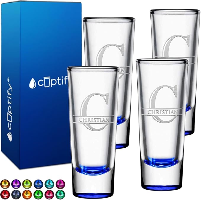 Personalized Shot Glasses Set of 4 Blue Bottom Custom 2 oz Cordial Shot Glass Initial and Name for Gifts, Weddings, Birthdays, Party, Event, Decorations