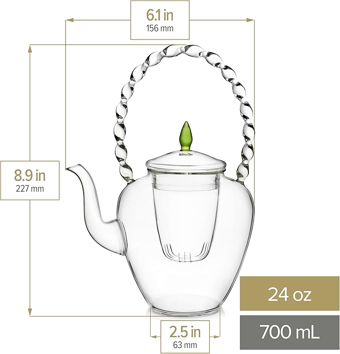 Teabloom Emerald Teapot - Special Edition Elegant Petite Borosilicate Glass Teapot (24-ounce) with Removable Loose Leaf Tea Glass Infuser