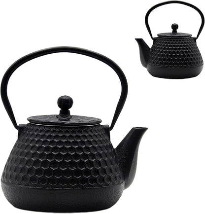 20.3oz Small Cast Iron Teapot, SECHUDO Cast Iron Tea Kettle for Stovetop Safe Coated with Enameled Interior, Cast Iron Tea Pot with Stainless Steel Infuser for Loose Tea (Black Honeycomb Pattern)