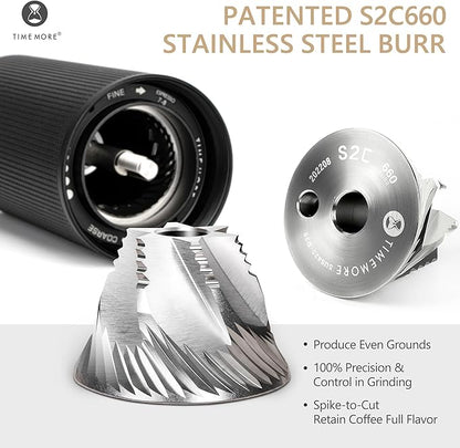 TIMEMORE Manual Coffee Grinder Chestnut C3S PRO, Hand Coffee Grinder with Foldable Handle, Stainless Steel S2C Conical Burr Coffee Grinder, Adjustable Grind Setting for Espresso to French Press, Black